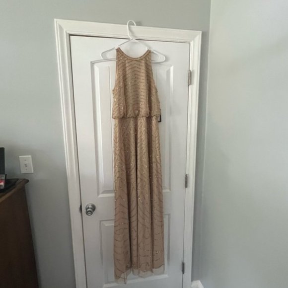 Adrianna Papell - ART DECO BEADED DRESS WITH HALTER NECKLINE IN CHAMPAGNE GOLD - Picture 5 of 5